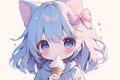 portrait of cute anime chibi girl with cat ears and blue hair eating ice cream cone on white background Royalty Free Stock Photo