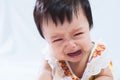 Portrait of cute asian baby girl crying in her bedroom Royalty Free Stock Photo