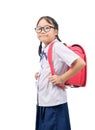 Portrait of cute asian girl student  wear uniform and carries school bag Royalty Free Stock Photo