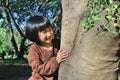 Portrait of a cute asian little girl hugging big tree. Royalty Free Stock Photo