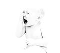 Portrait of cute baby boy crying. High key photo with intentionally overexposed subject for artistic purposes. Isolated on white Royalty Free Stock Photo