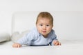 Portrait of cute baby boy lying on belly. Royalty Free Stock Photo