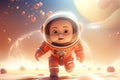 portrait of a cute baby cosmonaut or astronaut in open space blurred background