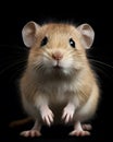 portrait of a cute baby gerbil pup with piercing eyes. on a black background