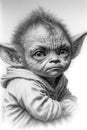 Portrait of a cute baby goblin with big eyes. Black and white drawing Royalty Free Stock Photo