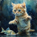 Portrait of cute baby orange cat standing two paws and fish on floor illustration image generative AI