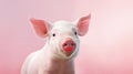 Portrait of a cute baby piglet with red lipstick on its mouth against a vibrant pink background. Lipstick on a pig Royalty Free Stock Photo