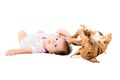 Portrait of a cute baby and puppy pit bull, lying on the back Royalty Free Stock Photo