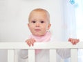 Portrait of a cute baby standing in white cot Royalty Free Stock Photo
