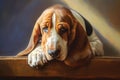 Portrait of cute basset hound lying on wood, created using generative ai technology