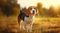 Portrait of cute beagle dog in the meadow at sunset.Generative AI Royalty Free Stock Photo