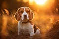 Portrait of cute beagle dog in the meadow at sunset.Generative AI Royalty Free Stock Photo