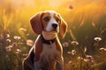 Portrait of cute beagle dog in the meadow at sunset.Generative AI Royalty Free Stock Photo