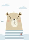 Cute bear in a striped t-shirt vest at the sea. Vector illustration. Animal poster for kids collection, postcards, design, print,