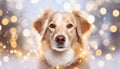 Cute beige haired dog with Christmas lights on backdrop