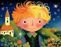 Portrait of cute blond boy in the medieval costume, night sky and fairytale tower on background. Cartoon illustration