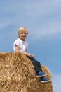 Portrait of cute blond schoolboy on haystack on blue sky background. Ingathering. Vertical frame