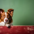 Portrait of a cute border collie puppy looking around the corner of an lime green empty board, AI Generated Royalty Free Stock Photo