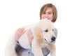 Portrait of cute boy carrying his dog Royalty Free Stock Photo