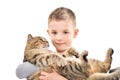 Portrait of a cute boy with a cat on hands Royalty Free Stock Photo