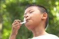 Portrait of a cute boy eating ice cream.