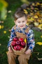 Portrait of a cute boy in the garden with a basket of red apples Royalty Free Stock Photo