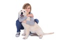 Portrait of cute boy hugging his dog Royalty Free Stock Photo