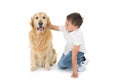 Portrait of cute boy hugging his dog Royalty Free Stock Photo