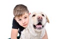 Portrait of cute boy hugging labrador dog Royalty Free Stock Photo