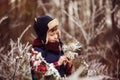 Portrait cute boy in warm winter forest Royalty Free Stock Photo