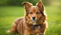 Portrait of a cute brown lassie dog with green grass background