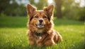 Portrait of a cute brown lassie dog with green grass background