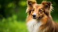 Portrait of a cute brown lassie dog with green grass background. AI Generative