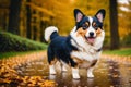 Portrait of a cute Cardigan Welsh Corgi dog standing in the park. Generative AI