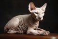 Portrait of a cute cat looking away. Don Sphynx breed cat