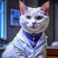 Portrait of a cute cat in a stethoscope in medical clothes, a cat doctor in a veterinary clinic. cat veterinarian