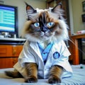 Portrait of a cute cat in a stethoscope in medical clothes, a cat doctor in a veterinary clinic. cat veterinarian