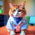 Portrait of a cute cat in a stethoscope in medical clothes, a cat doctor in a veterinary clinic. cat veterinarian