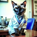 Portrait of a cute cat in a stethoscope in medical clothes, a cat doctor in a veterinary clinic. cat veterinarian