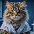 Portrait of a cute cat in a stethoscope in medical clothes, a cat doctor in a veterinary clinic. cat veterinarian