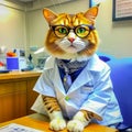 Portrait of a cute cat in a stethoscope in medical clothes, a cat doctor in a veterinary clinic. cat veterinarian