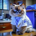 Portrait of a cute cat in a stethoscope in medical clothes, a cat doctor in a veterinary clinic. cat veterinarian