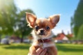 Portrait of cute chihuahua puppy in park on summer sunny day. owner carefully holds dog in his arms