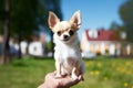 Portrait of cute chihuahua puppy in park on summer sunny day. owner carefully holds dog in his arms Royalty Free Stock Photo