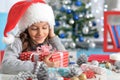 Portrait of cute child with Christmas present