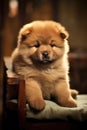 Portrait of cute chow chow puppy sitting on wooden chair, created using generative ai technology Royalty Free Stock Photo