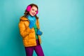 Portrait of cute content woman enjoy warm clothing rest relax touch her outercoat good look wear casual clothing weather Royalty Free Stock Photo