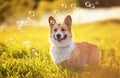 cute Corgi dog puppy stands on bright a green meadow bathed in warm sunlight and shiny flying bubbles on a summer