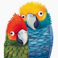 Portrait cute couple parrots, isolated on white background. Cartoon illustration in watercolor style. Generative AI