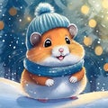 Portrait of a cute cute hamster dressed in a knitted hat and scarf. AI generated Royalty Free Stock Photo